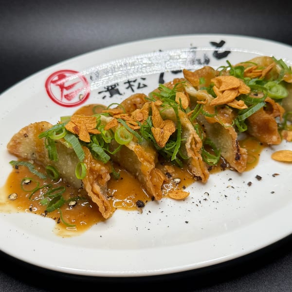 Crispy Tanto Gyoza dumplings with sauce, green onions, and fried garlic on a white plate.